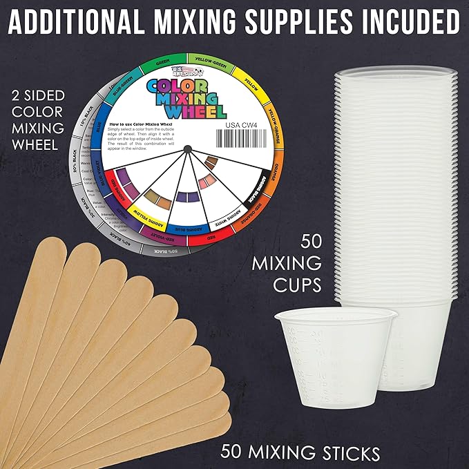 U.S. Art Supply 54 Color Ultimate Acrylic Airbrush, Leather & Shoe Paint Set with Cleaner, Thinner, 50-Plastic Mixing Cups, 50-Wooden Mix Sticks and a Color Mixing Wheel