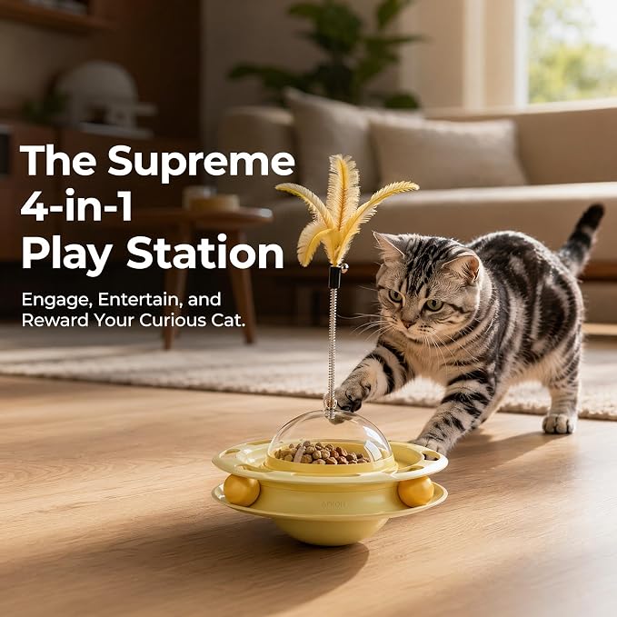 JINTONE Cat Tumbler Toy, UFO Interactive Cat Toy with Rotating Track Ball and Feather Wand, Indoor Enrichment Toy for Kittens and Adult Cats, Treat Dispenser Included