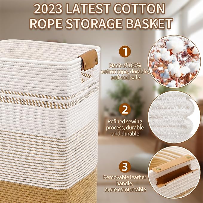 Laundry Hamper, 85L Cotton Rope Laundry Basket, Jute & White | Foldable nursery hamper with leather handles; store blankets, toys, baby clothes and laundry in bedroom or living room