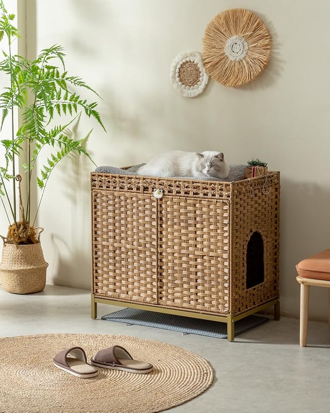 SETVSON Cat Litter Box Enclosure Furniture, Rattan PE Kitty House, Natural | Handwoven PE Rattan with 2 Soft Mats, Heightened Metal Feet, 2 S-Hooks, 30.3 x 18.3 x 28 In Spacious Interior Kitty Cabinet