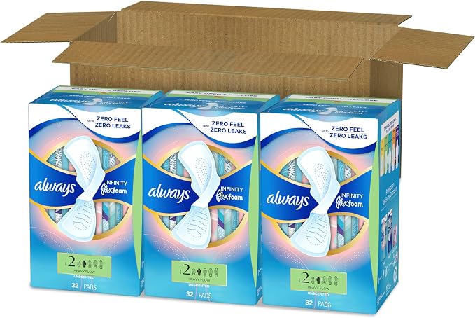 Always Infinity Feminine Pads for Women, Flexfoam Pads with Wings, Size 2, Heavy Absorbency, Unscented, 96 Count (3 Packs of 32)