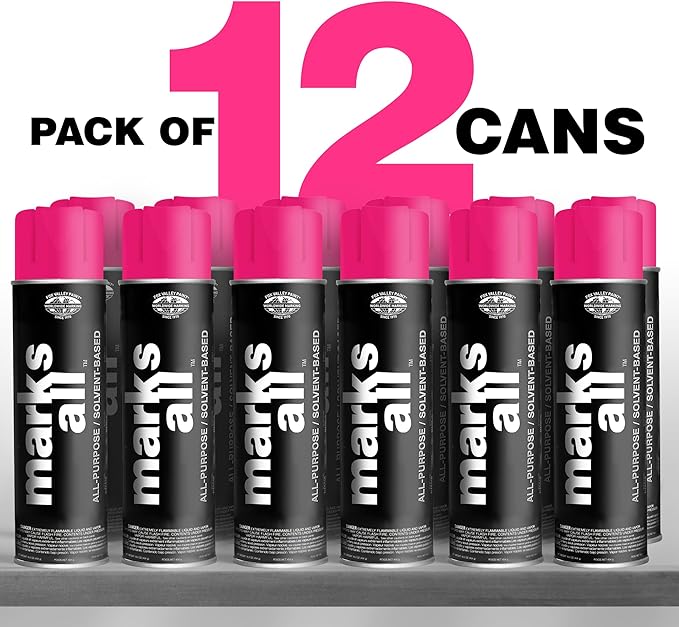 Fox Valley 18oz Marks All Solvent-Based Marking Paint Spray, 12-Pack Pink Fluorescent – Long-Lasting, Weather-Resistant Spray Paint for Wet or Dry Surfaces Like Metal, Grass, Concrete, Wood, & More