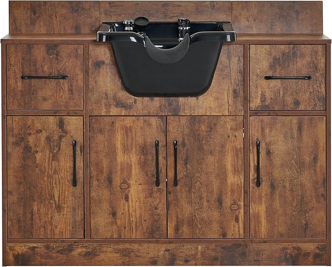 BarberPub Multi-Functional Shampoo Backwash Sink Station, Beauty Salon Cabinet with Faucet Sprayer, Barber Shop Storage Equipment 45.3" x 14.1'' x 36.4" 7139 (Rust Brown)
