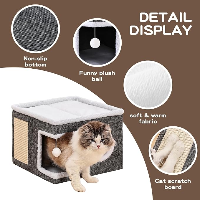 Large Cat Houses for Indoor Cats with Fluffy Ball and Scratch Pad | Foldable Cat Bed Cave for Multiple Pets, Kitten Bed for All Seasons, Non-slip, Hold Up to 30LBS, 16x16x13inch, Grey