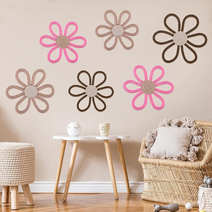 Barydat 6 Pcs Boho Nursery Decor Daisy Flower Woven Macrame Wall Hanging 3 Size Daisy Flower Wall Decor Bohemian Nursery Decorations for Home Dorm Art(Classic Color)