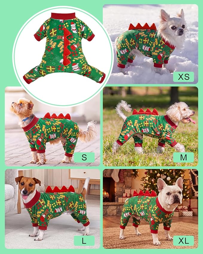 CuteBone Dinosaur Costume Halloween Christmas Dog Pajamas, Stretchy Spandex Crystal Velvet Sleepwear Coat for Small Dogs, Soft & Warm Pet Outfit Clothes for Cold Weather, Cozy Pullover Design COSP28S