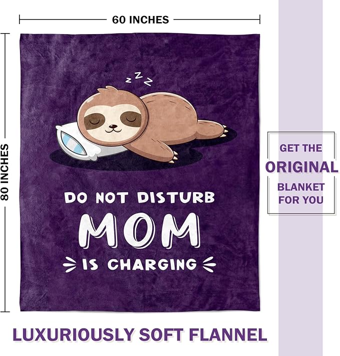 Leebbsin Funny Gifts for Mom, Birthday Gifts for Mom from Daughter Son | Mom is Charging Sloth Blanket, 60" x 80", Purple, Mom Gift for Christmas Mothers Day, Soft Sloth Throws Blanket for Mother