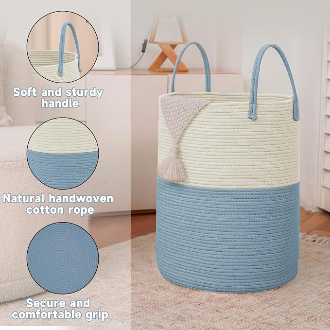 JMvicyroam 60L Cotton Rope Laundry Basket Hamper, White and Blue | Collapsible laundry basket, reinforced handles, freestanding, machine washable, holds 3-5 thick blankets, clothes or toys