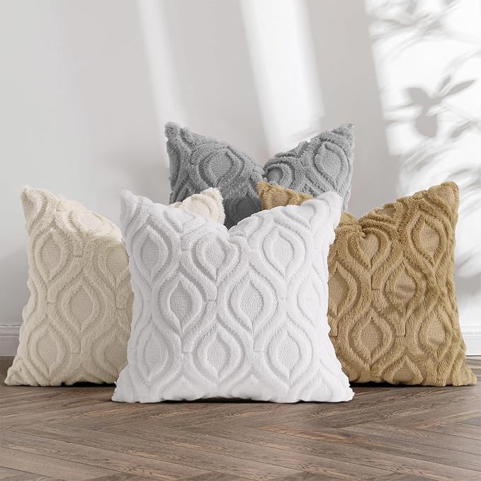 decorUhome Faux Fur Plush Soft Beige Throw Pillow Covers 20x20 Set of 2 | Wool Solid Fall Couch Pillow Covers, Accent Modern Farmhouse Neutral Decorative Square Pillow Cases for Sofa Bed Living Room