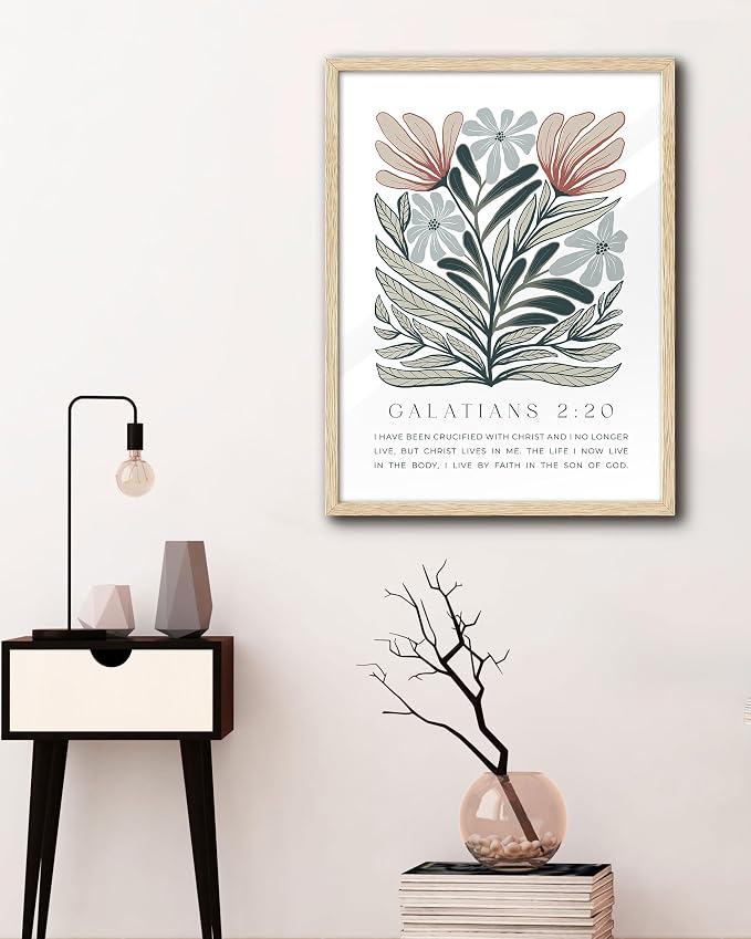 EcoHest 16x20 in Galatians 2:20 Abstract Floral Framed Christian Wall Art | Solid Oak Wood Frame with Canvas Wall Art, Boho Scripture Bible Verse Decor for Bedroom, Living Room, Office, Church, 1Pack