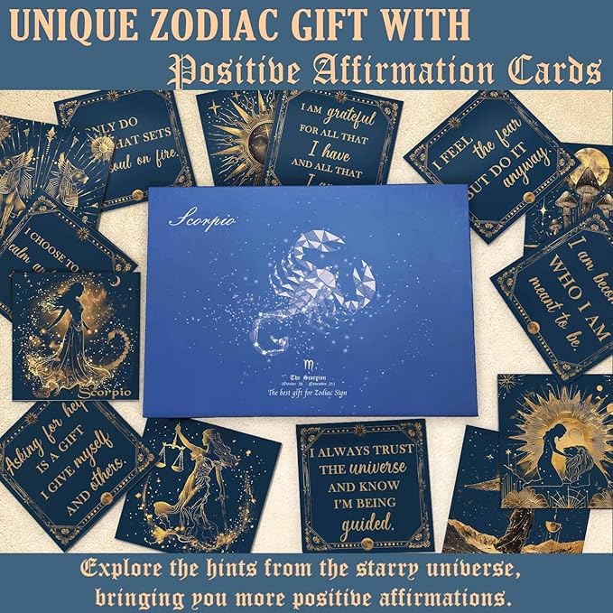 Faivykyd Scorpio Crystals Gifts for Women, 6 Scorpio Zodiac Healing Stones w/50 Miracle Mantras Affirmations Cards, Spiritual Gifts for Positive Energy, Self-Love & Wealth