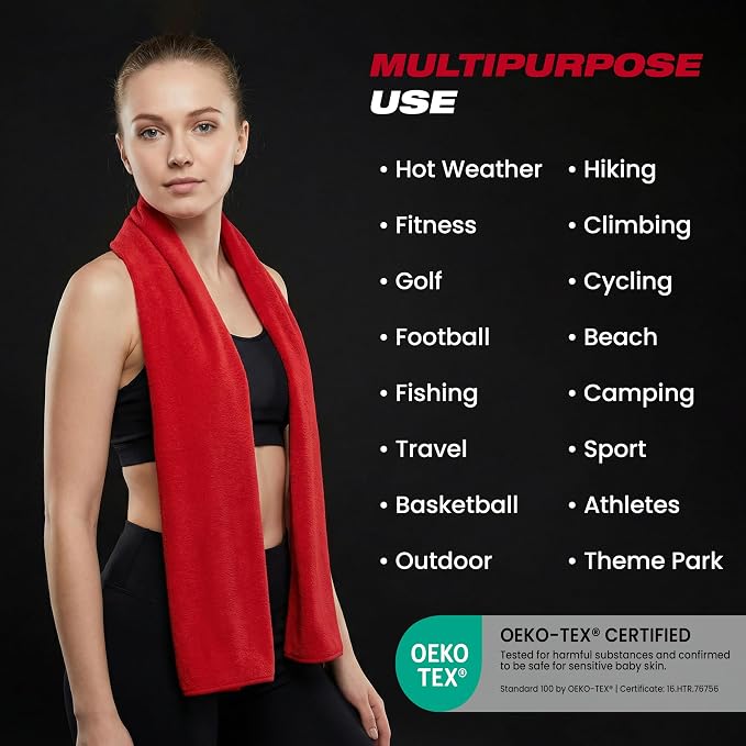 Sports Towel - Double Pack (2 Pieces), 12"x51", Red, 100% Cotton - Oeko-Tex Certified, Very Absorbent and Quick-Drying, for Fitness, Gym and Yoga