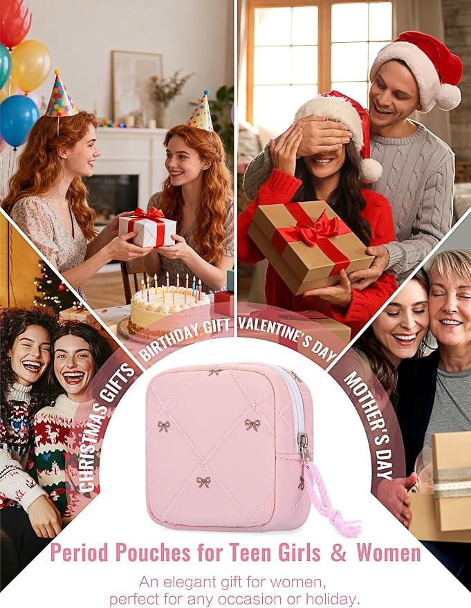 Period Bag for Girls, Quilted Period Pouch for Women, Sanitary Napkin Storage Bag Menstrual Pad Pouches Tampon Holder for Purse Pad Bag Gifts for Teen Girls(Pink)