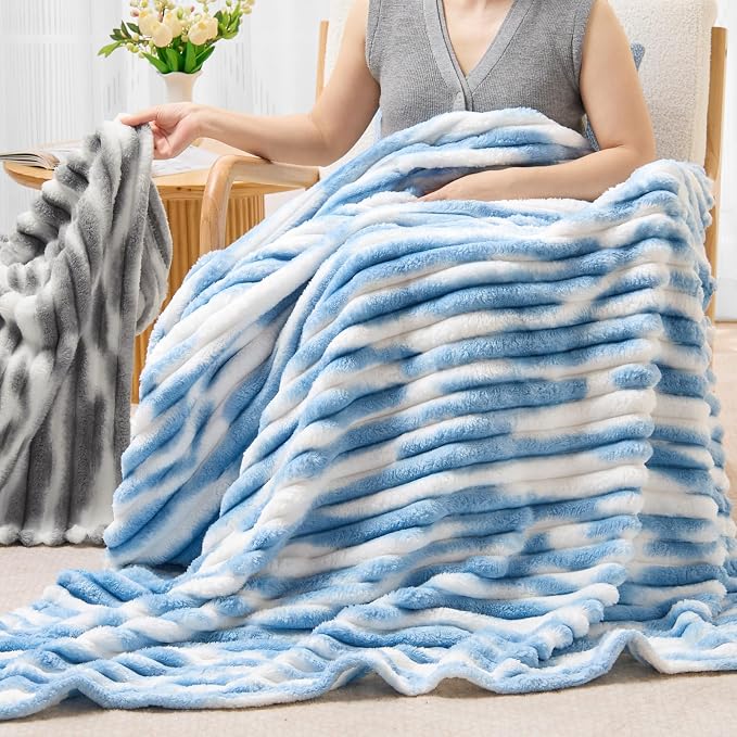 BEDELITE Striped Fleece Throw Blanket, Blue&White, 50"x60" | 300GSM Microfiber Fleece, Soft Cozy, Lightweight Warm, Double-Sided Plush, Machine Washable, Gift, Room Decor, for Couch Sofa