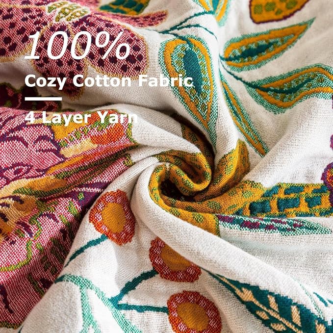LUTBM Boho Throw Blanket for Bed 60"x80", 100% Cotton Cozy Couch Blankets | Reversible Floral Leave Jacquard, All-Season Twin Quilt, For Chair Sofa Living Room Decor, Lightweight Breathable, Home Decor