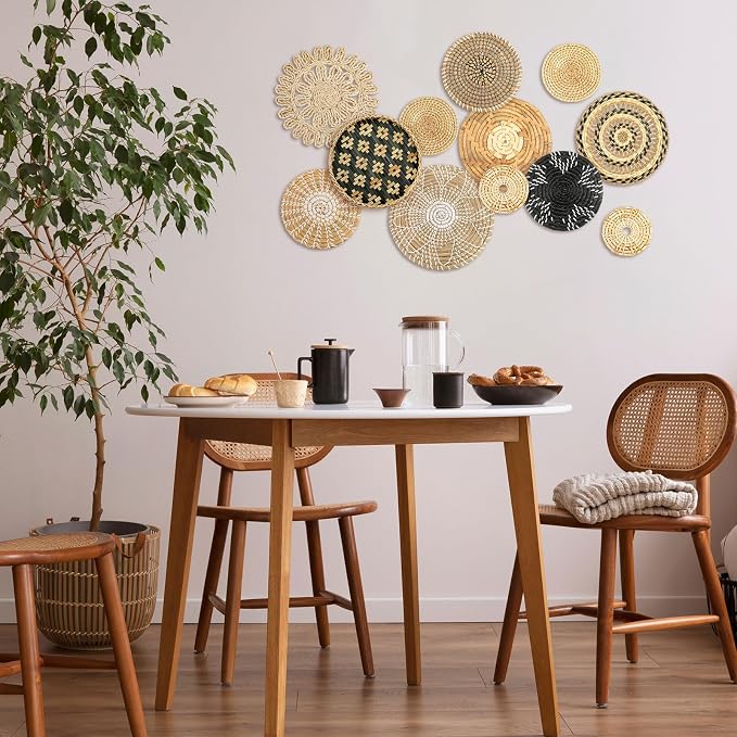 Glenmal 13 Pcs Boho Wall Basket Decor Set Woven Rattan Seagrass,Retro | Handmade Flat Baskets for Bedroom Living Room Office, Wicker Bamboo Seagrass Hanging Art, Farmhouse Gallery Ready to Hang