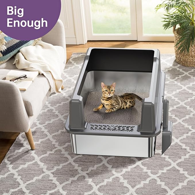 Stainless Steel Cat Litter Box with Lid, 26 x 18 x 12 in | XXXL Enclosed Cat Litter Boxes with Lid for Big Cats,High Sided, Anti-Urine Leakage Bottom Includes Litter Mat & Scoop