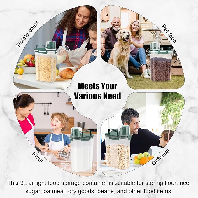 LEAWALK Airtight Rice Storage Container, 3.28Qt Cereal Dry Food Flour and Sugar Bin, Dog Cat Food Dispenser with Measuring Cup, BPA Free Clear Plastic Kitchen and Pantry Organization Bin Green 2Pack