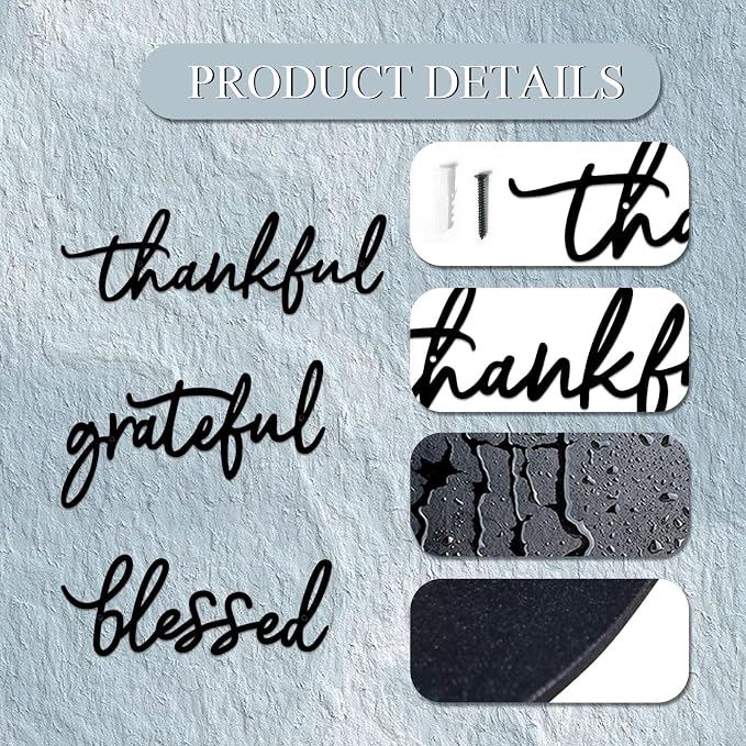 Thankful Grateful Blessed Letter Sign Metal Wall Decor, 3 Piece Black Letters Wall Art for Bathroom Bedroom Metal Words Wall Decor for Home Decor