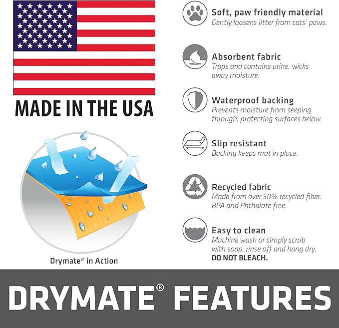 Drymate Cat Litter Box Mat, Litter Trapping Mat, Blue, 29x36 XL | Waterproof, Urine-Proof, Absorbent, Machine Washable, Soft on Paws, Contains Mess, Protects Floors, Kitten Supplies, USA Made