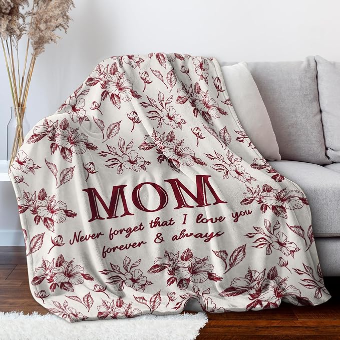 Gifts for Mom, Mom Birthday Gifts from Daughter Son, To My Mom Blanket | I Love You Mom Gifts for Birthday, Christmas, Mothers Day, Blanket for Mom with Hibiscus Flowers Print, 60" x 50", Burgundy