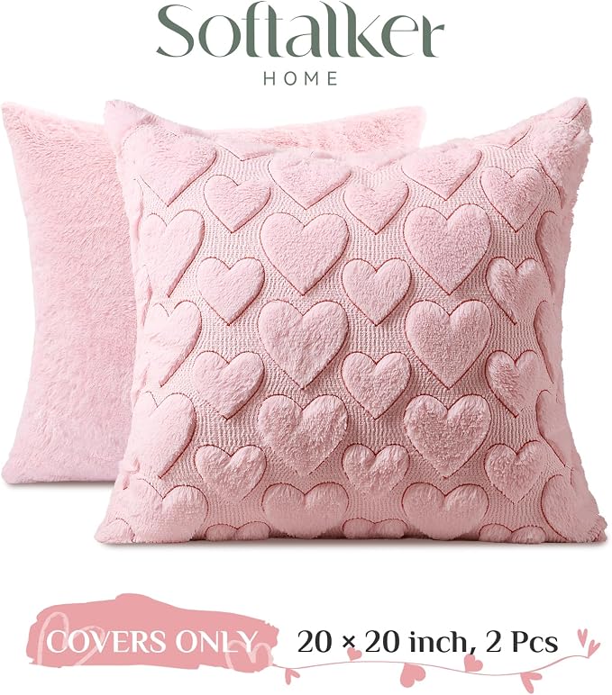 Softalker Pink Heart Pillow Covers 20 x 20 Inch Set of 2, Spring Summer Soft Faux Fur Cushion Covers, 3D Embroidered Pillow Cases for Sofa, Couch, Bedroom
