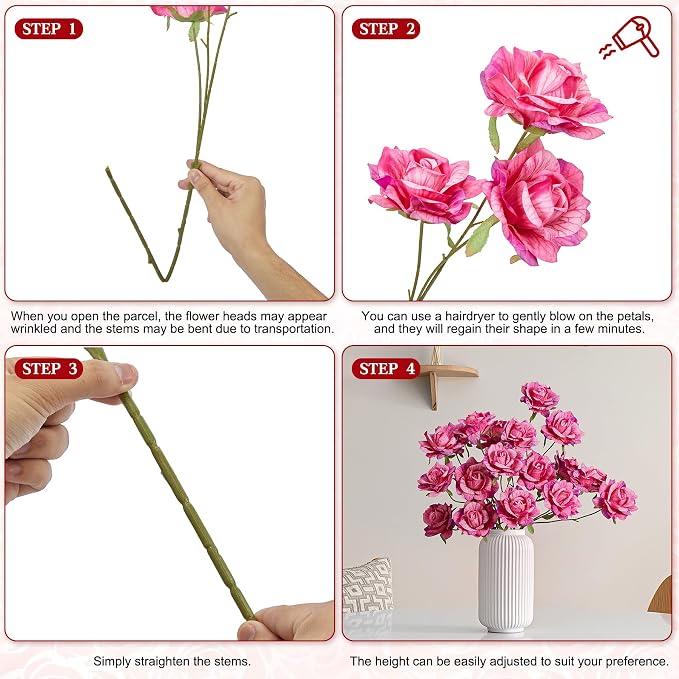 INXUGAO Artificial Flowers Fake Roses for Outdoor, 6Pcs 28" Long Stem Silk Roses for Wedding Indoor Outside Party Decor, Realistic Faux Bouquet for Tall Vase Planter (Fuchsia)