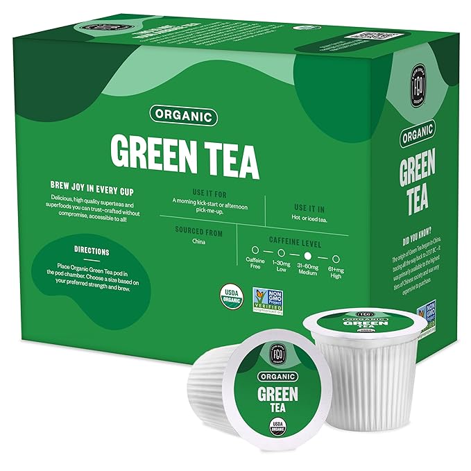 FGO Organic Green Tea K-Cup Pods for Keurig, 24 Count (Pack of 1), Premium Green Tea is USDA Organic, Non-GMO, & Recyclable with Naturally Occurring Caffeine