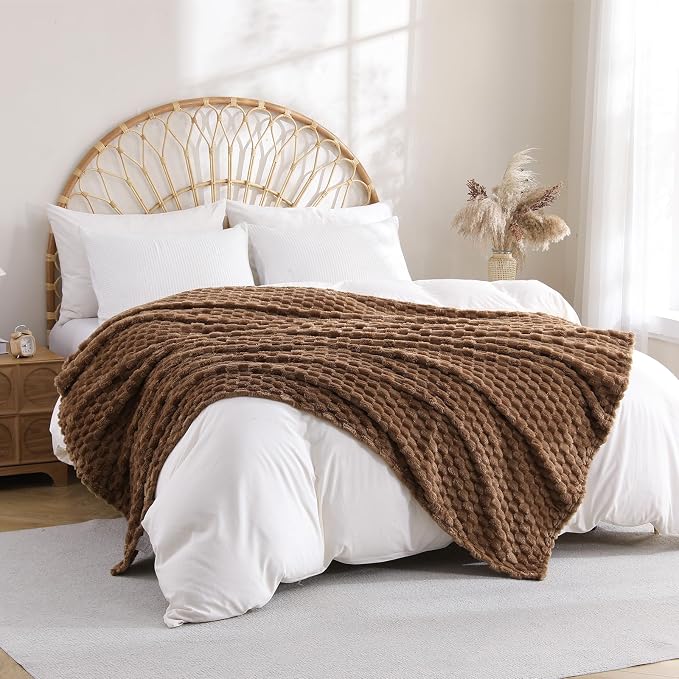 Brown Fleece Throw Blanket 50”×60” for Couch Sofa Bed | Super Soft Cozy Plush Microfiber Flannel Blanket with 3D Jacquard Decorative Lightweight for Mom Woman