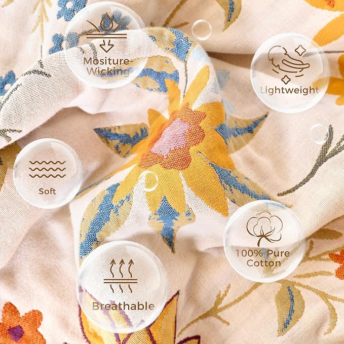 LUTBM Boho Throw Blanket for Bed 60"x80", All Season Cotton Couch Blankets | Reversible Floral Embroidery, Muslin Twin Quilt, For Chair Sofa Bedroom Living Room, Lightweight Breathable Gauze, Home Decor