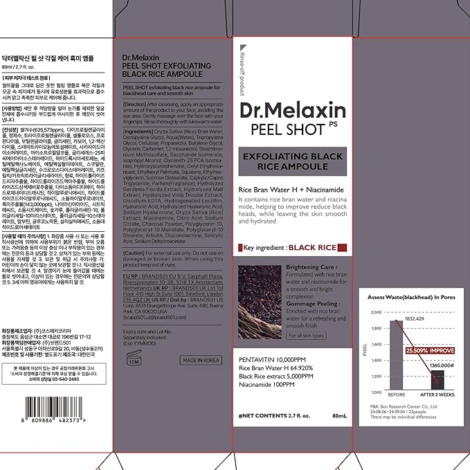 Dr.Melaxin Peel Shot Glow Black Rice Peeling Ampoule 80ml, Dead Skin Gentle Exfoliating Ampoule with Rice Water Extract, AHA BHA, Niacinamide, Daily Skin Texture Care, All Skin Types, Korean Skincare