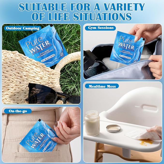 Loopeer 150 Pack Water Travel Size Wet Wipes Individually Wrapped Unscented Feminine Wipes Pocket for Women Period, Face, Hand, Body Quickly Cleaning Travel Gym Camping Supplies