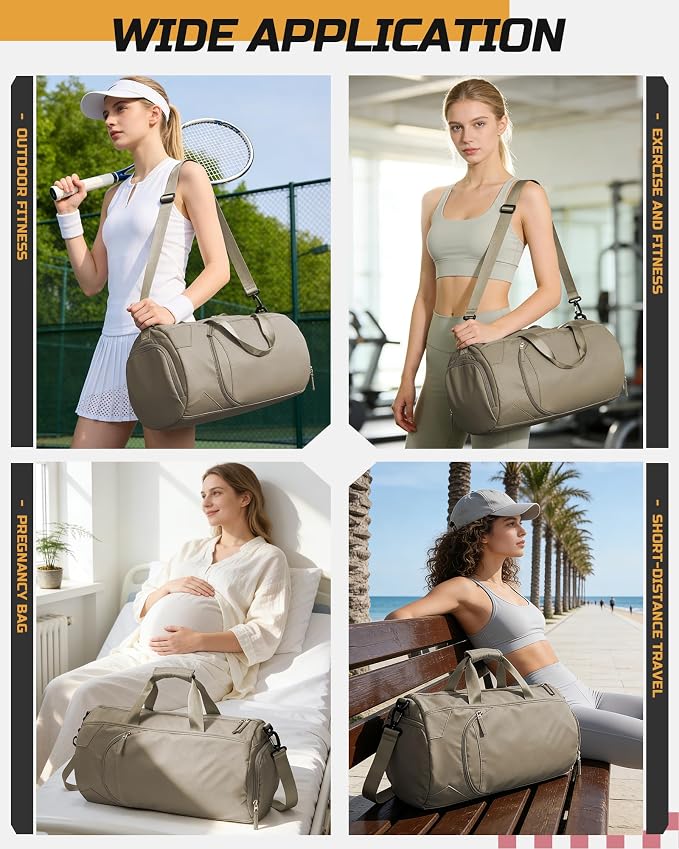 Gym Bag for Women And Mens with Shoe Compartment, Large Duffle Bag with Wet Pocket Carry-on Gym Duffle Bag for Travel and Sports Weekender Overnight Workout Bag Brown