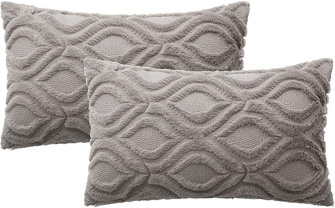 MIULEE Dark Grey Soft Plush Faux Wool Lumbar Throw Pillow Covers 12x20 | Set of 2, Farmhouse Boho Home Decor, Decorative Cushion Covers for Sofa, Living Room, Bed