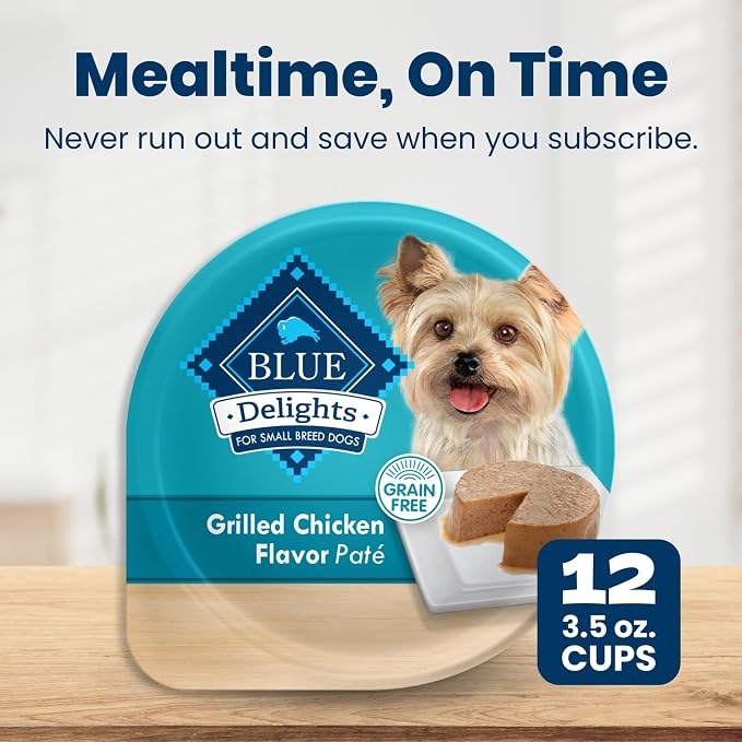 Blue Buffalo Delights Grilled Chicken Wet Dog Food, 3.5 oz, 12 ct | Small Breed Formula, Adult Formula, Grain-Free, Pate Style, Real Chicken First, in Savory Juice, No Corn, Wheat, or Soy