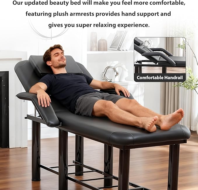 Professional Massage Treatment Bed 73.6 Inch with Handrail, Spa Facial Salon Bed with Removable Headrest & Chest Cushions, Stationary Physical Therapy Table with Adjustable Backrest, Steel Frame