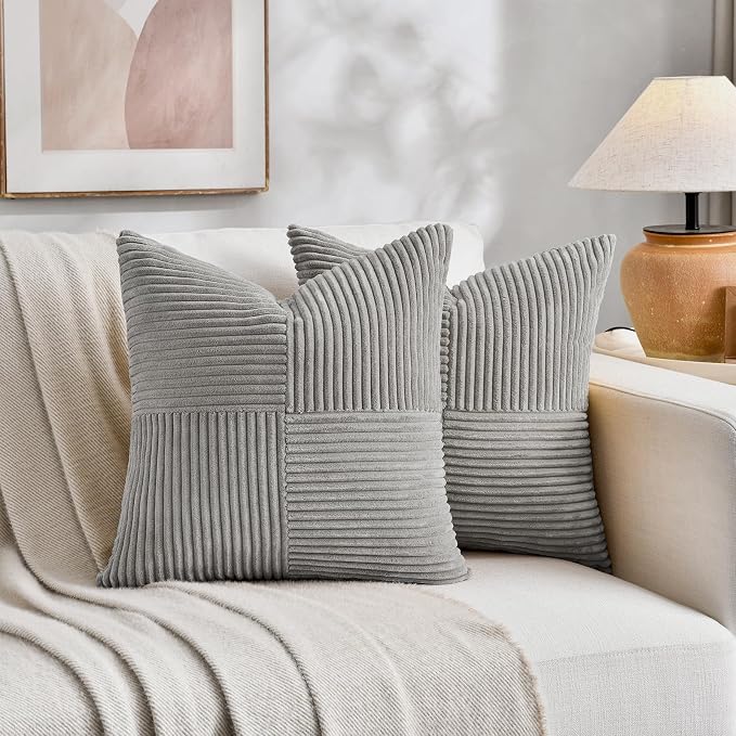 Fancy Homi 2 Packs Grey Decorative Throw Pillow Covers 18x18 Inch for Living Room Couch Bed Sofa, Rustic Farmhouse Boho Home Decor, Soft Corss Corduroy Patchwork Textured Square Cushion Case 45x45 cm