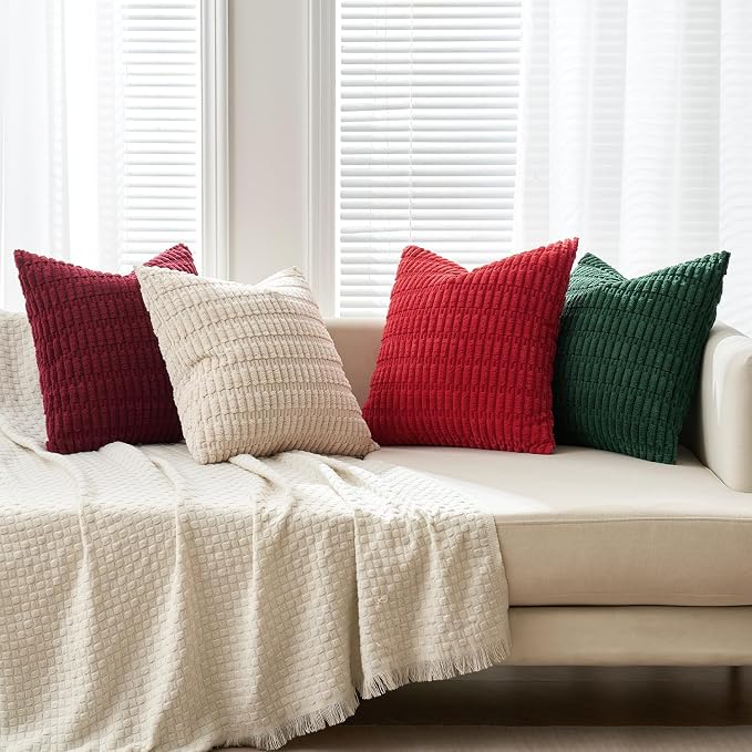 MIULEE Pack of 4 Christmas Throw Pillow Covers 20x20 Red and Green | Neutral Rustic Farmhouse Boho Soft Striped Pillow Covers,Home Decor for Sofa,Living Room,Couch,Bed