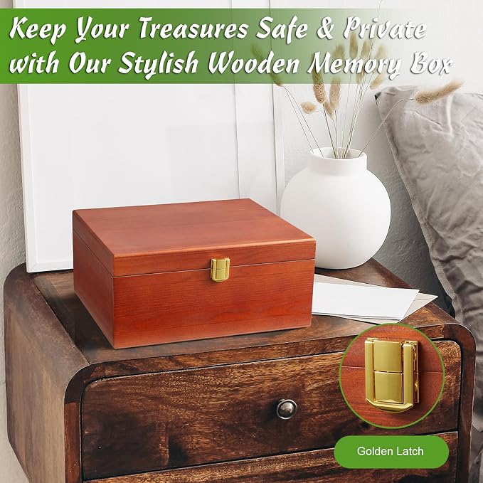 DRASTAR Wooden Keepsake Box, Large Storage Box with a Hinged Lid, Memory treasure box for Crafts and Photo Storage