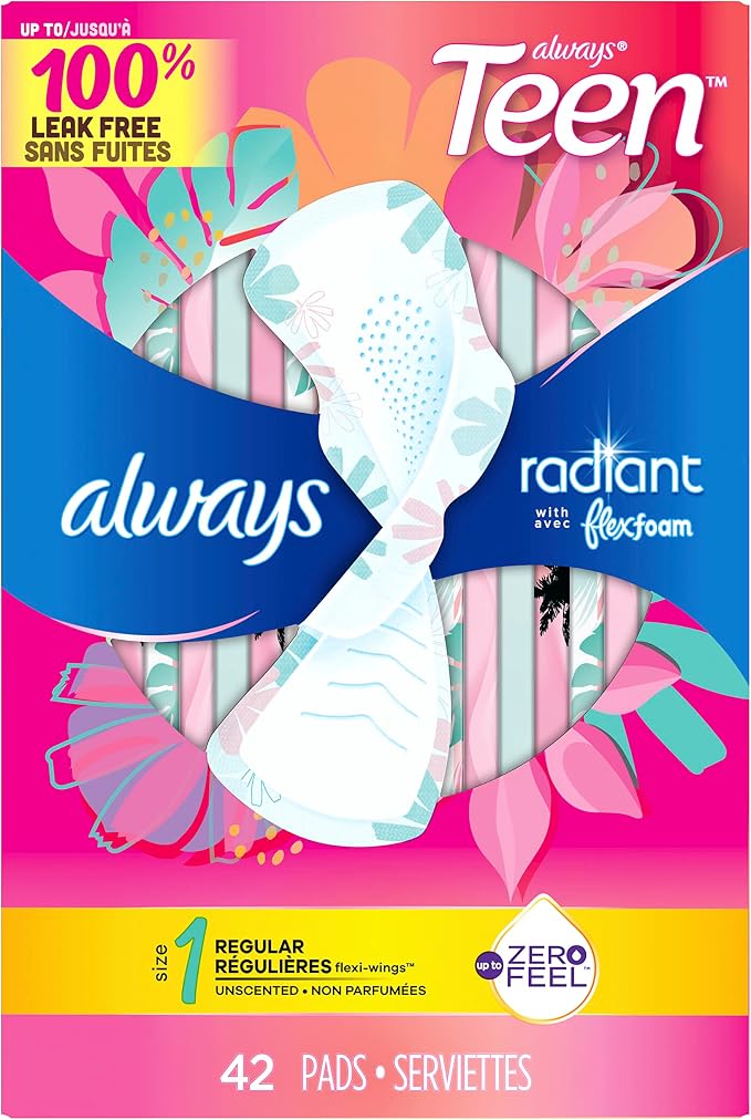 Always Radiant Teen Pads, Size 1, Regular, with Wings, Unscented, 126 Count, Pakc of 3