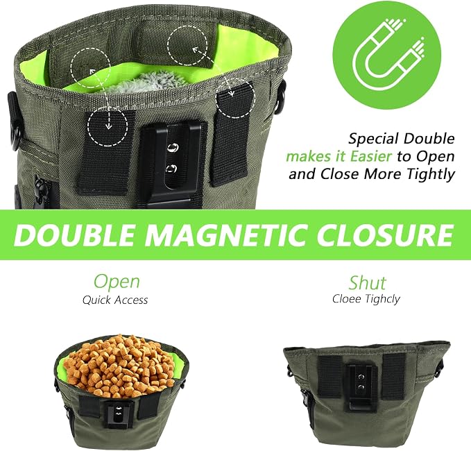 kissleaf Dog Treat Pouch, Magnetic Closure, Dog Clicker- Green