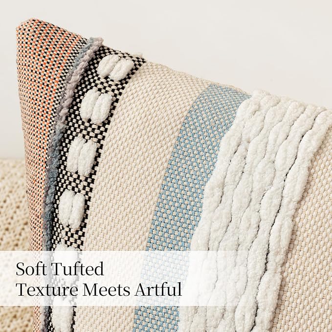 ANRODUO Boho Decorative Pillow Covers 18x18 Orange-Blue Stripe Pack of 2 | Throw Pillow Covers, Farmhouse Cushion Case, Chenille Pillow Cases, Pillow Covers, Accent Neutral Pillowcase for Sofa Couch