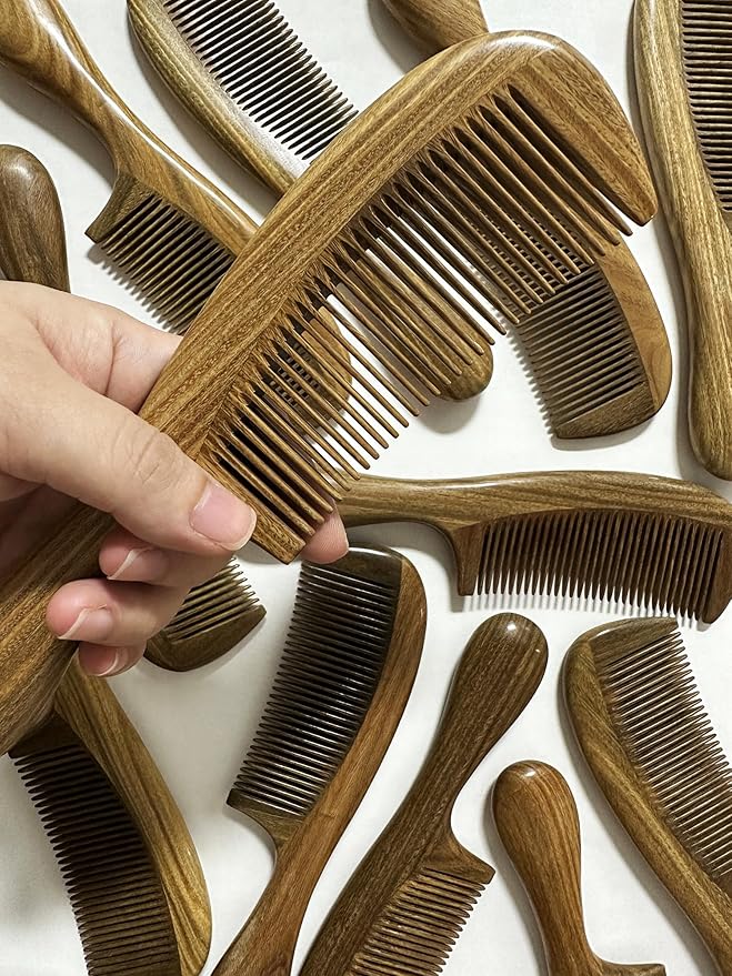 Yuutbiu Sharp Fine Tooth Green Sandalwood Comb with Handle - Wooden Thin Hair Detangler Brush for Smoothing & Precision Hair Styling (Anti-Static & Durable)