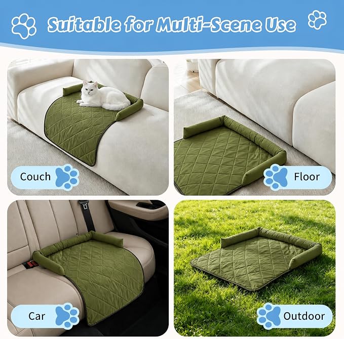 Cooling Dog Bed Mats with Neck & Head Support, 31.5 x 23.62 inch Army Green | for Small and Medium Dogs & Cats, Non-Slip, Machine Washable, Protects Sofa from Fur & Scratches