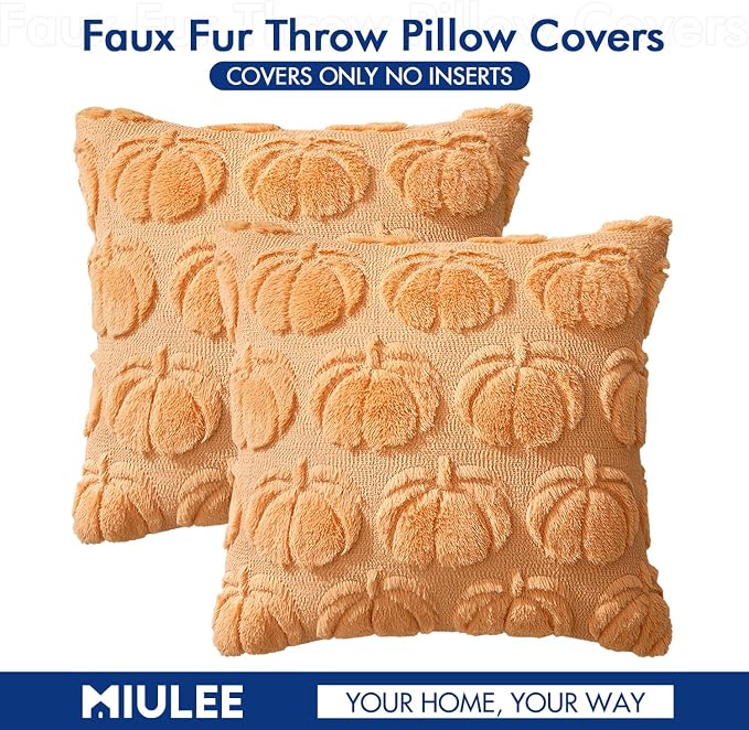 MIULEE Fall Pillow Covers Pumpkin Fall Decor 20x20 Pumpkin | Set of 2 Fall Decorations for Home, Plush Faux Fur Farmhouse Accent Pillowcases, Porch Sofa Couch Cushion Bed Livingroom