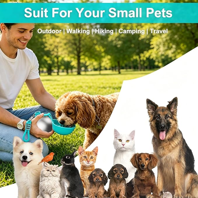 Dog Water Bottle Portable, 2in1 Round Dog Water Bowl Stainless Steel 10oz
