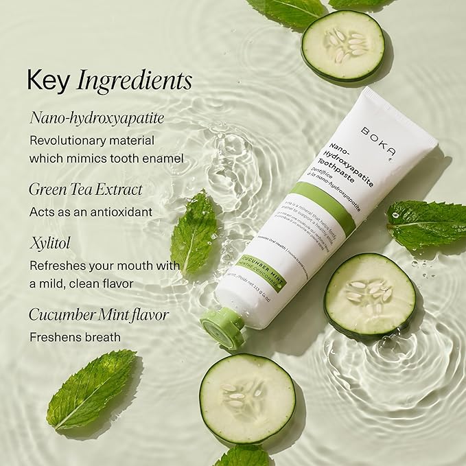Boka Fluoride Free Toothpaste, Nano Hydroxyapatite Toothpaste, Appropriate for Sensitive Teeth - for Adult, Kids Oral Care - Cucumber Mint Flavor, 4 Fl Oz 3Pk US Manufactured