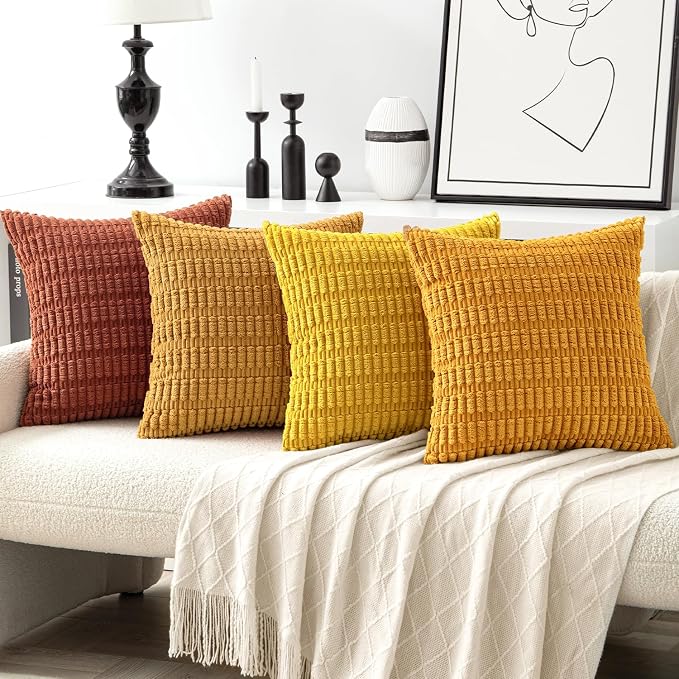 MIULEE Pack of 4 Fall Corduroy Throw Pillow Covers 18x18 Orange-Yellow | Neutral Rustic Farmhouse Boho Soft Striped Pillow Covers,Home Decor for Sofa,Living Room,Couch,Bed