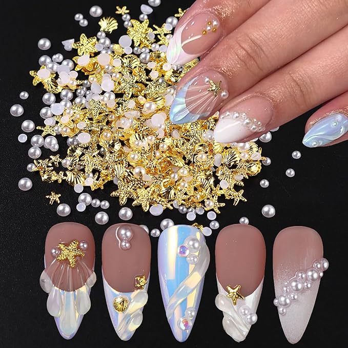 Summer Nail Charms, Ocean Style Starfish Scallop Half-Round Pearl Mixed Mini Nail Jewelry Gold Nail Rhinestones Pearls Ocean Theme Designs Metallic Slice DIY Manicure Nail Parts Y2K for Nails
