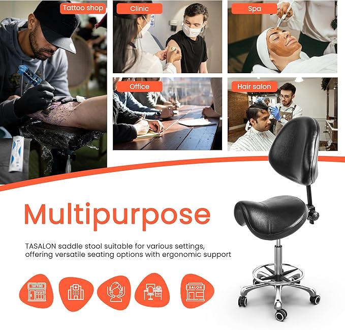 TASALON Saddle Stool with Back Support Ergonomic Adjustable Stool with Wheels - Swivel Salon Cutting Stool for Kitchen, Salon, Spa, Tattoo, Pedicure, Massage -Esthetician Chair – Black